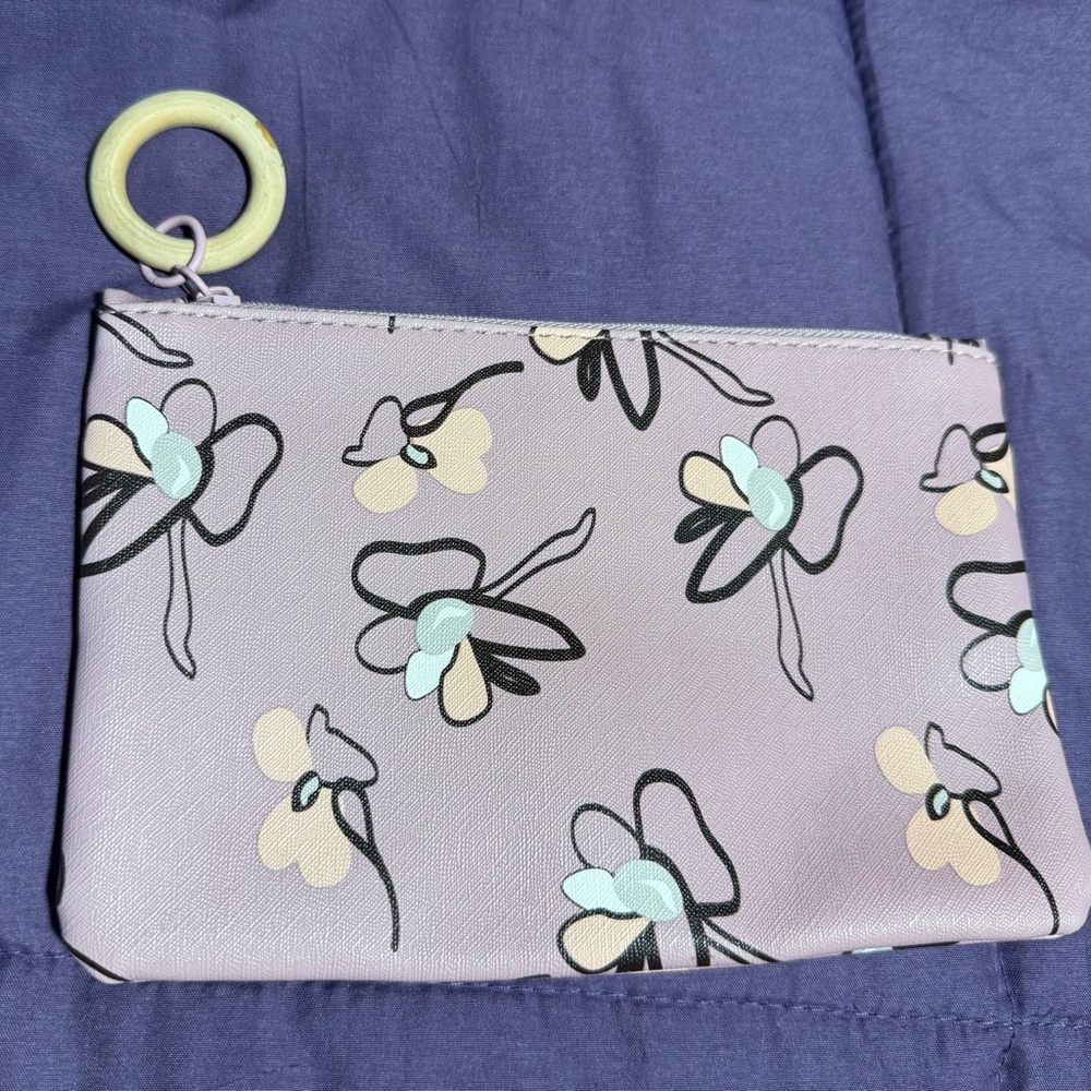 Ipsy pink Pastel Floral Cosmetic Bag with wooden Ring Handle